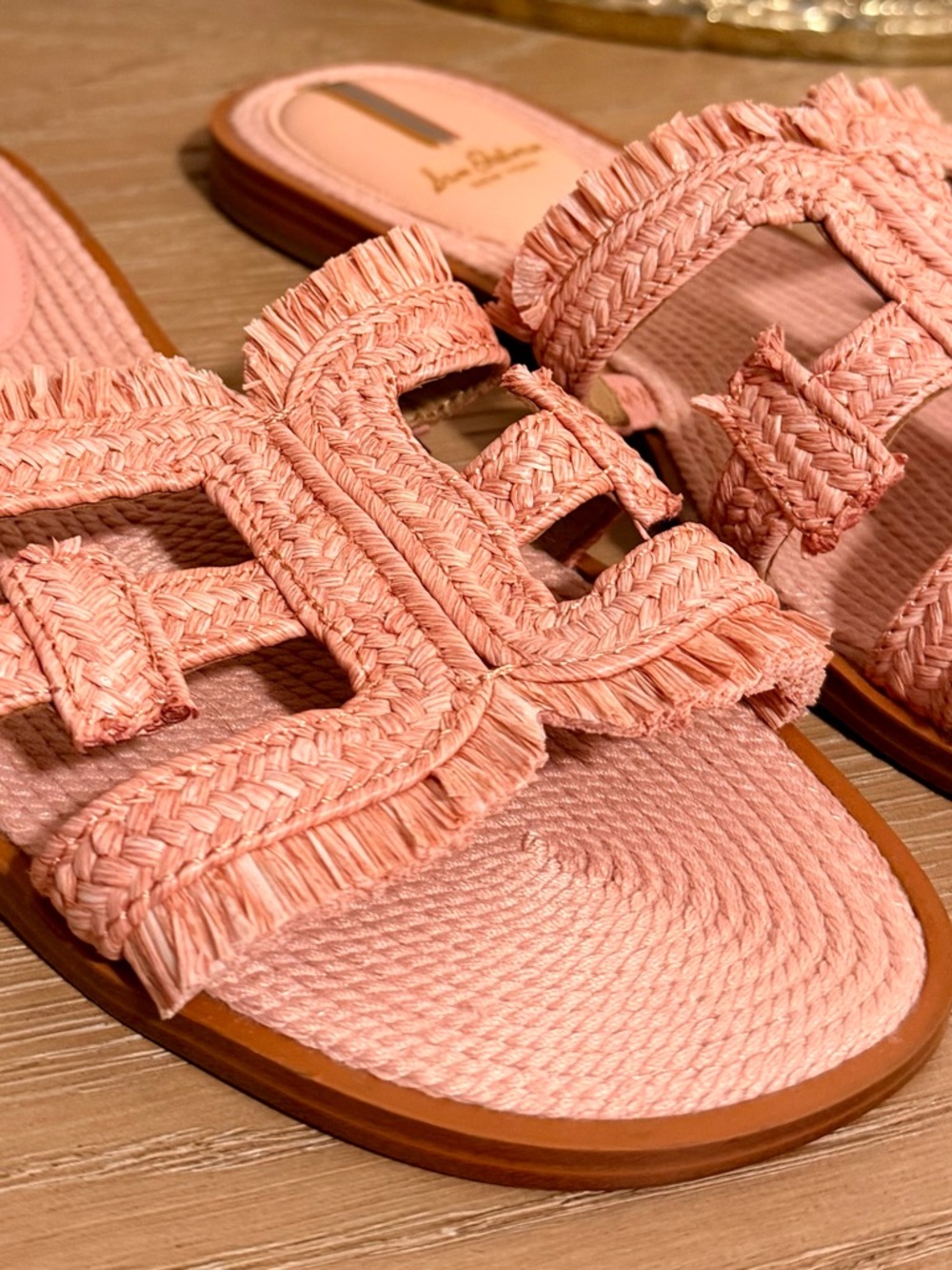 Sam Edelman Fringed Woven Slide Sandals in Blush Pink